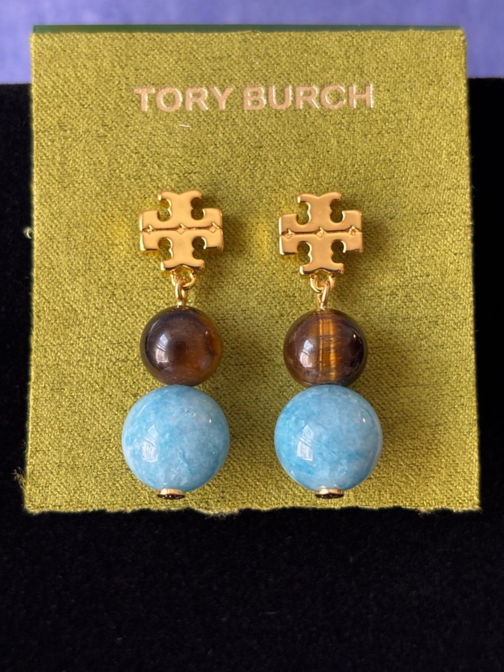 Tory Burch drop brown & sky blue marble earrings